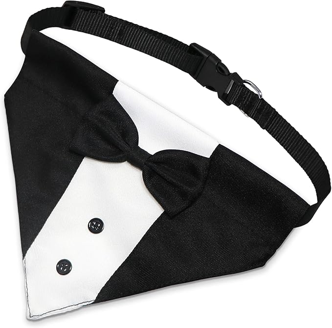 Dog Tuxedo Suit Wedding Bandana Collar with Bow Tie, Adjustable Formal Dog Tux, Engagement Birthday Tuxedo for Small Medium Large Dogs Pets (Small: Neck 12.5”-21”)