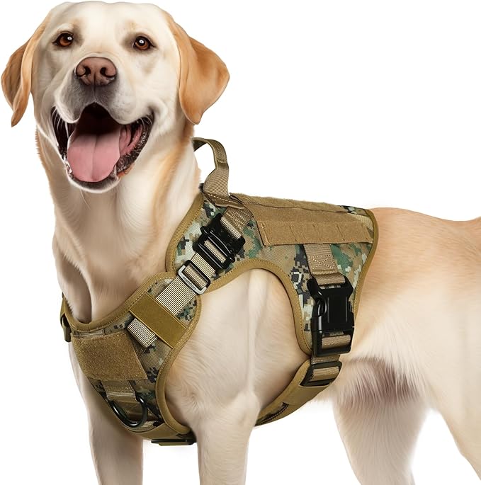 rabbitgoo Tactical Dog Harness for Large Dogs, Heavy Duty Dog Harness with Handle, No-Pull Service Dog Large Breed, Adjustable Military Dog Vest Harness for Training Hunting Walking, Brown Camo, M