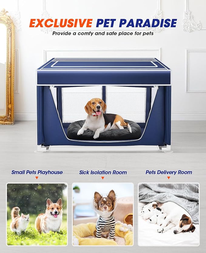 Dog Playpen 42 × 42 Inch,Breathable Puppy PlayPen with Gate and Removable Cover,Thickened Oxford Fabric Dog Play Pen for Indoor & Outdoor,Safe and Sturdy Pet Fence(Blue White)