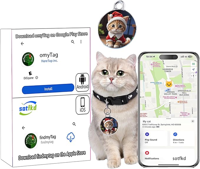 Cat Tracker-Airtag Cat Collar-GPS Tracker for Cats-Android Airtag-Pet Tracker| Android and iOS Universal | No Monthly Fee | No Charging Required | Waterproof | Works with Any Collar