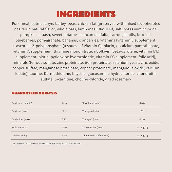 Farmstead Feast, Dry Dog Food, Pork Meal and Lamb Meal Adult Recipe with Grains, 25 lb Bag