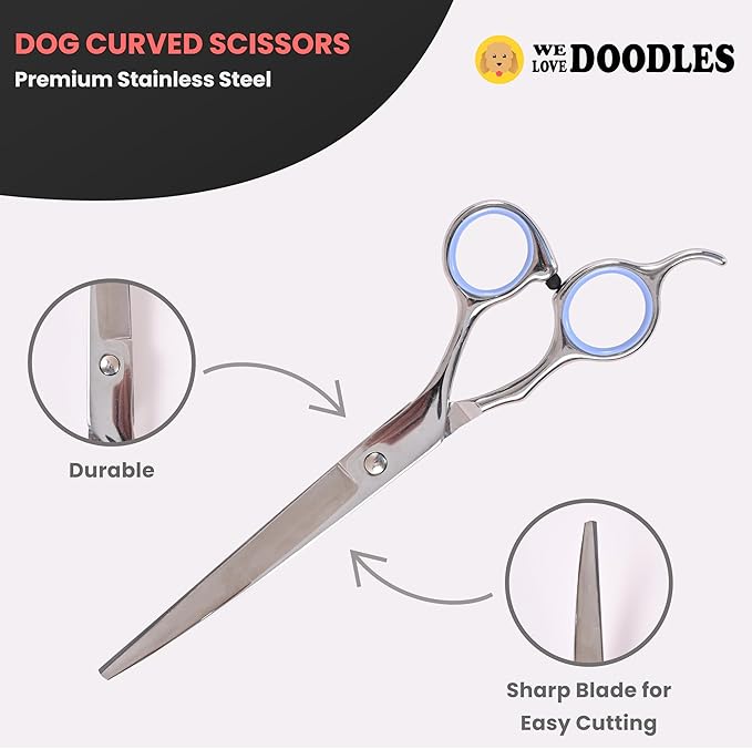 Dog Grooming Scissors Kit - Best Tools for Goldendoodles, Poodles & Doodles - Straight, Curved & Thinning Shears - Golden Doodle Grooming Kit - Professional Grade Steel, 4 Pc Set (Long Silver)