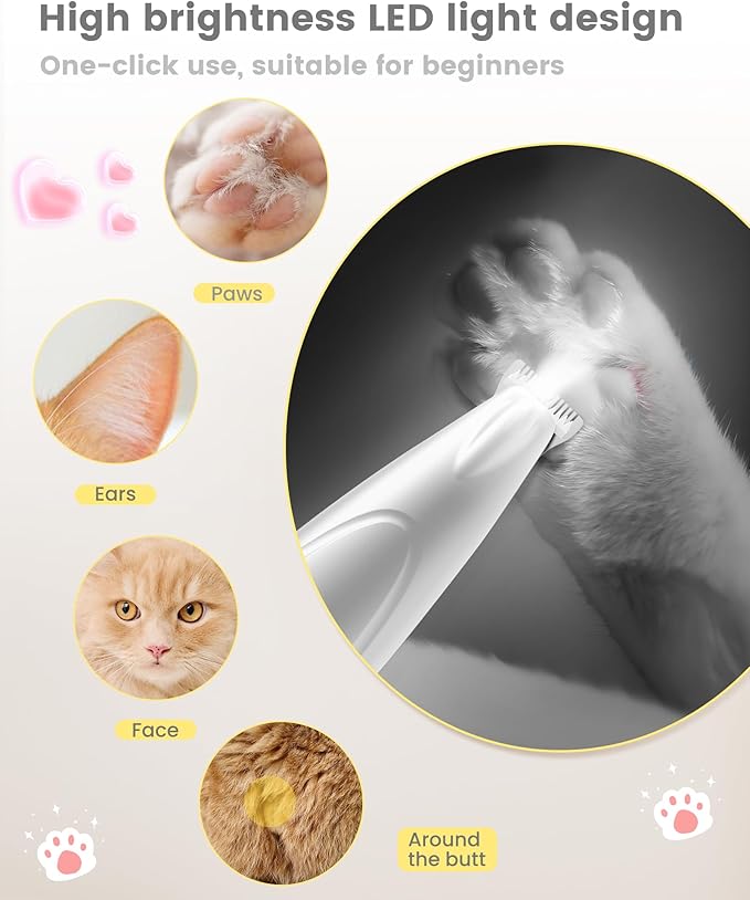 Cat Clippers with LED Display,35dB Ultra-Low Noise Cat Hair Trimmer Shaver, Cordless Dog Paw Trimmer with LED Light,Type-C Rechargeable Cat Dog Clippers for Grooming Paws, Ears, Face, Rump