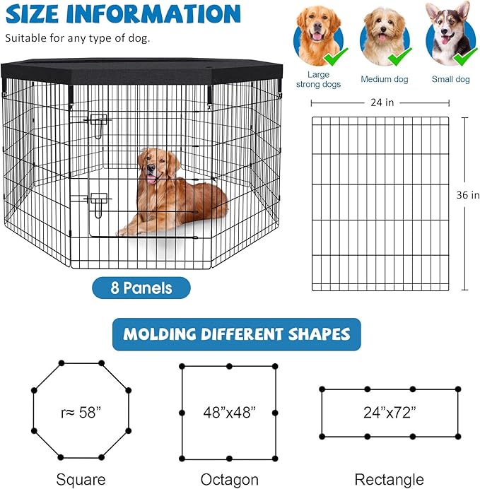 Pet Playpen Dog Fence Foldable Metal Dog Pen Wire Exercise Puppy Play Yard Pet Enclosure Indoor Outdoor 8 Panels 36 Inch with Bottom Pad/Top Cover(Black 36 top Cover)