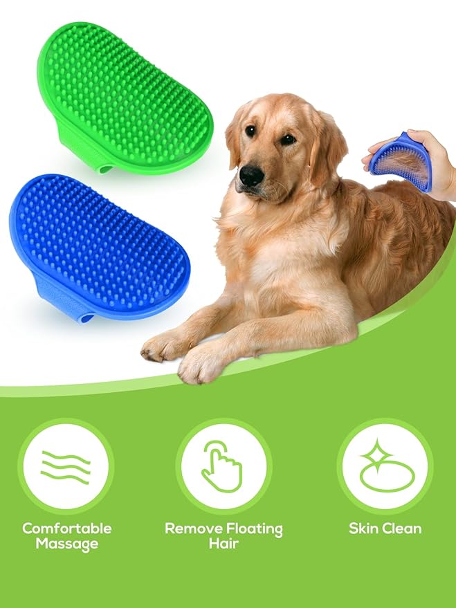 Jenseits Dog Bath Brush, 2pcs Pet Shampoo Brush, Soothing Massage Rubber Bristles Curry Comb for Dogs & Cats Washing, Multi-Functional Wet or Dry Silicone Brush (Green+Blue, Round)