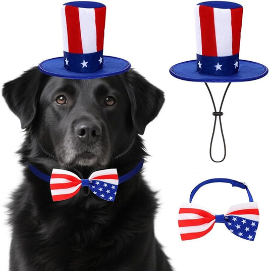 4th of July Dog Outfit, Patriotic Dog Top Hat and Bow Tie Collar Set, Pet Independence Day Costume Accessories for Dogs Cats Puppy