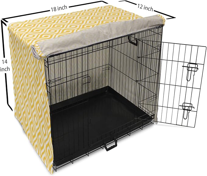 Lunarable Yellow Dog Crate Cover, Geometric Pattern with Ogee Shapes Waves and Curves Design Modern Boho Print, Easy to Use Pet Kennel Cover for Small Dogs Puppies Kittens, 18 Inch, Yellow and White