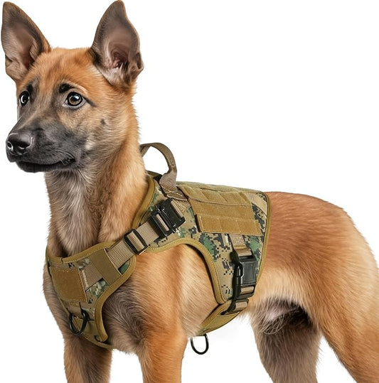 rabbitgoo Tactical Dog Harness for Large Dogs, Heavy Duty Dog Harness with Handle, No-Pull Service Dog Large Breed, Adjustable Military Dog Vest Harness for Training Hunting Walking, Brown Camo, S