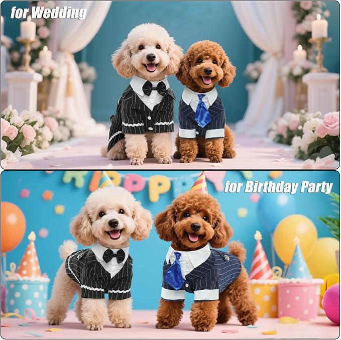 DENTRUN Dog Tuxedo Suit with Bow Tie - Formal Black & White Striped Pet Costume Shirt, Elegant Wedding Outfit Birthday Party Attire for Maltese Dachshund Yorkie Puppies Shih Tzu Small Medium Dogs, M