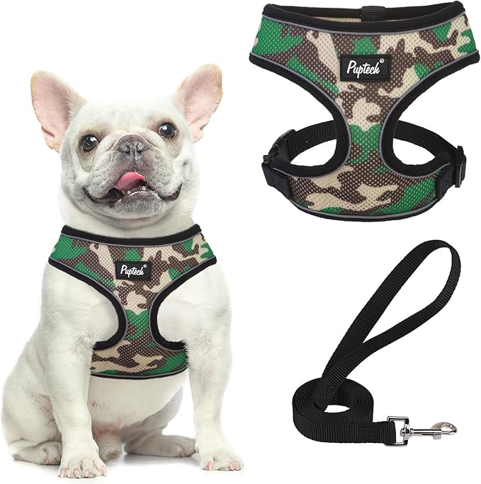 PUPTECK Soft Mesh Dog Harness and Leash Set Pet Puppy Cat Comfort Padded Vest No Pull Harnesses, Camouflage, M