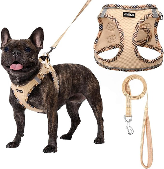 AMTOR Small Dog Harness with Leash Set, No Escape Easy Walk Puppy Harnesses for Training Walking, Step-in Reflective Soft Dogs Vest for XS S Medium Extra-Small Large Sized Dog(Beige,S)