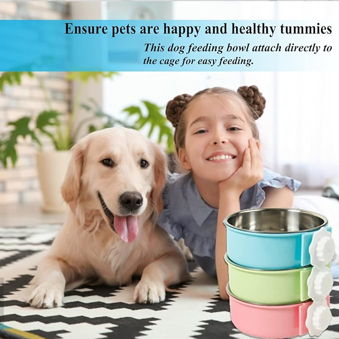 2 Pieces Crate Dog Bowl, Removable Stainless Steel Pet Kennel Hanging Food Water Feeder Bowl Cage Coop Cup for Puppy Medium Dog Cat Rabbit Ferret Bird (Blue,Green)