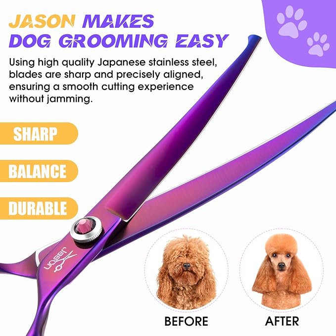 JASON Dog Scissors for Grooming - 7.5" Curved Scissors for Dog Grooming with Round Tips, Japanese 440C Stainless Steel Curved Shears with Diamond Adjustable Screw