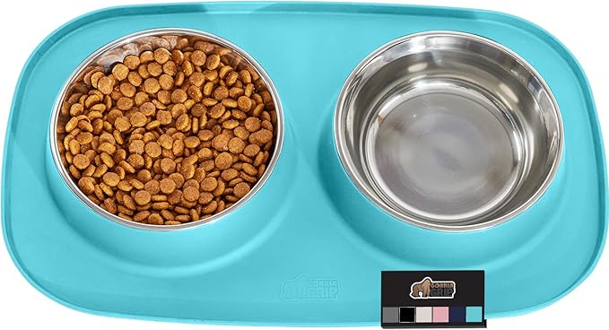 GORILLA GRIP Patent Pending 100% Waterproof BPA Free 3 Cup Cat and Dog Bowls Silicone Feeding Mat Set, Stainless Steel Bowl Slip Resistant Raised Edges, Catch Water, Food, Pet Accessories, Turquoise