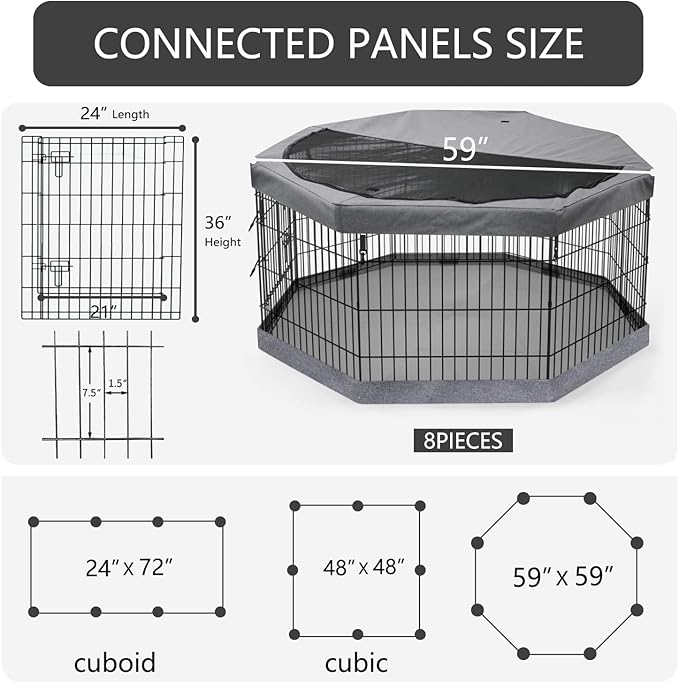 PETIME Foldable Metal Dog Exercise Pen/Pet Puppy Playpen Kennels Yard Fence Indoor/Outdoor 8 Panel 24" W with Top Cover and Bottom Pad (Playpen+Bottom+Top Cover, 8 Panels 36" H)