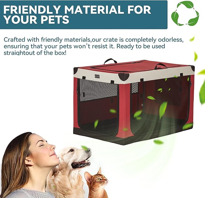PETSFIT Soft Dog Crate, with Patented Adjustable Fabric Cover, Chewproof & Lockable Mesh Doors, Waterproof Base Portable Kennel Red 36 Inch