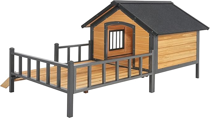 Ball & Cast 67" Outdoor Wooden Dog House with Waterproof Asphalt Roof,All-Around Iron Frame Kennel with Resting Porch for Large Dogs(71-90 lbs),Durable Yard Cabin for Pets,Honey