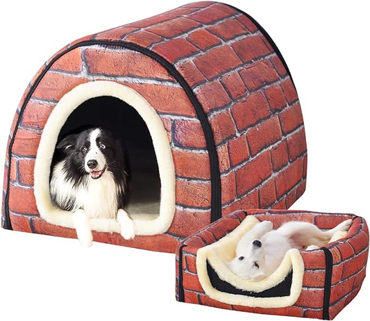 Dog Bed,2 Ways to Use,Indoor Pet House with Fluffy Mat,Removable and Washable Cover,Splash-Proof House and Non-Slip Bottom,for Large Dogs(2XL Brick)