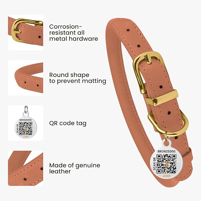 BRONZEDOG Rolled Leather Dog Collar with QR ID Tag Adjustable Soft Round Collars for Small Medium Large Dogs Puppy Cat (19" - 21" Neck Size, Peach)