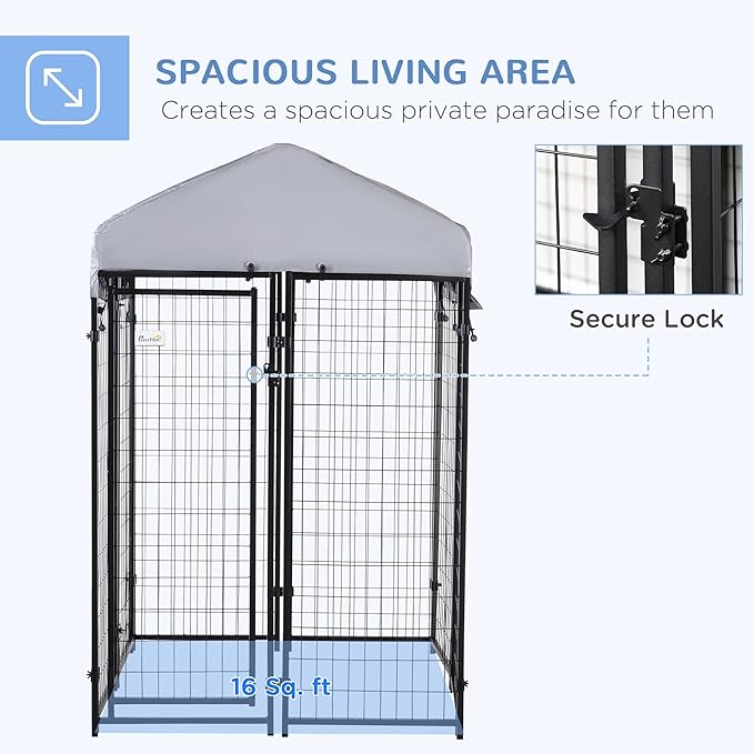 PawHut Outdoor Dog Kennel with Roof, 4' x 4' x 6' Heavy Duty Welded Wire Dog Playpen Enclosure with Escape-Proof Lock, UV-Resistant & Waterproof Cover, for Medium Dogs, Silver