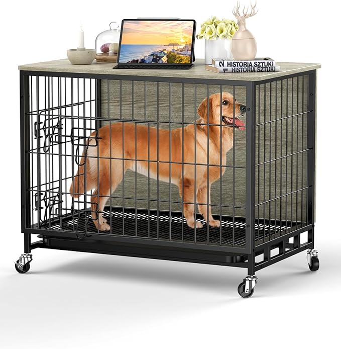Dog Crate Furniture, Dog Kennel Indoor Double Doors Wooden Dog Cage, 32'' Dog Crate with Pull-Out Tray & Removable Wheels, Decorative End Table Pet House Chew-Resistant for Medium Dog, Rustic Grey