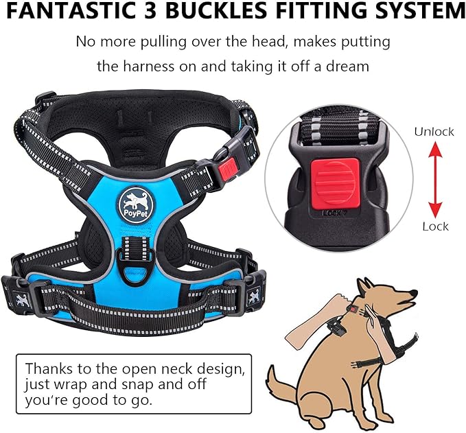 PoyPet Dog Harness No Pull, Reflective Adjustable No Choke Pet Vest with Front & Back Clips, Soft Padded and Control Training Handle for Large Dogs(Blue,XL)