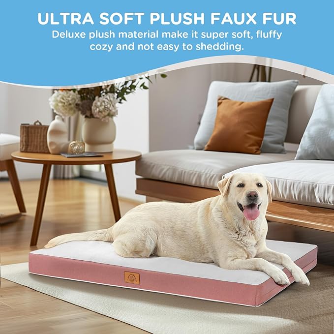 Orthopedic Dog Bed for Extra Large Dogs, Jumbo Waterproof Deluxe Plush Dog Crate Bed with Removable Washable Cover & Anti-Slip Bottom, Egg Crate Foam Pet Bed Mat, 47 x 29 Inches, Pink