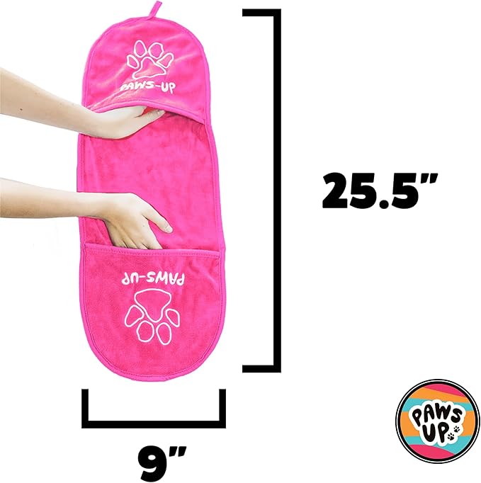 Paws-up Paw Cleaning Towel for Dogs removes mud Dirt Grass Sand allergens Machine Washable Microfiber Also Great for a Quick Dry Puppy Bath Towel with Two Hand Pockets for Control. 25.5” X 9” Pink