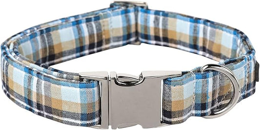 Lionet Paws Boy Dog Collar, Comfortable Adjustable Cute Blue Plaid Collar with Metal Buckle for Male Dogs Gift, Large, Neck 16-24 inches