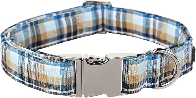 Lionet Paws Boy Dog Collar, Comfortable Adjustable Cute Blue Plaid Collar with Metal Buckle for Male Dogs Gift, Medium, Neck 13.5-22 inches