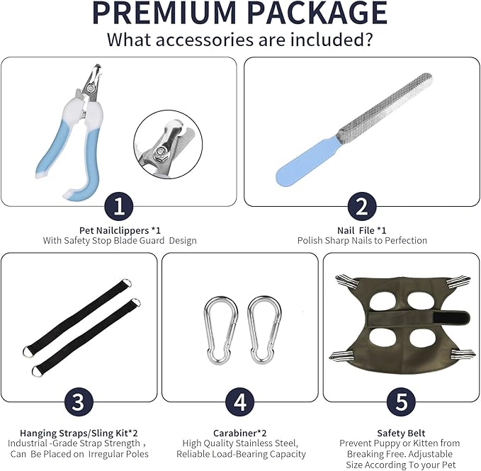 Cat/Dog Grooming Hammock Hanging Harness,Pet Grooming Restraint Sling with Wide Strap Anti Scratch&Bite,for Nail Trim/Take Eye/Ear Care with Nail Clipper/Nail File Pet Grooming Supplies Kit-M