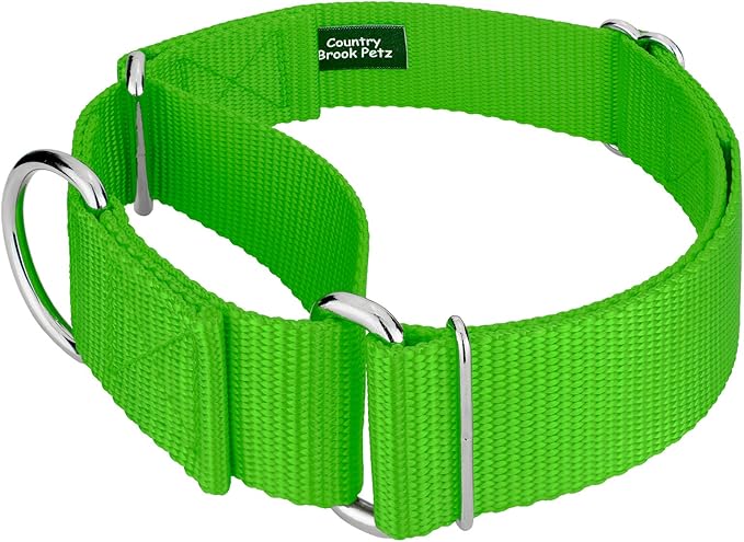 Country Brook Petz 1 1/2 Inch Martingale Heavy Duty Nylon Adjustable Dog Collar for Small, Medium, Large Breeds - Vibrant 17 Color Selection (Hot Lime Green, Extra Large)