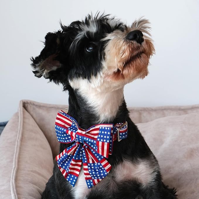Lionet Paws Patriotic Dog Collar with Sailor Bow, 4th of July, Soft and Comfortable Adjustable American Flag Collar for Puppies and Cats, XS, Neck 8-12 inches