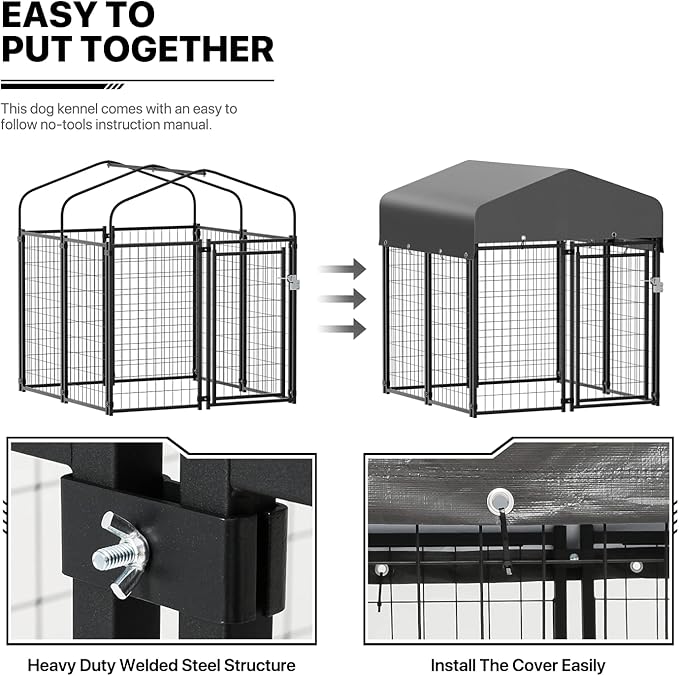 MoNiBloom Outdoor Dog Kennels for Small/Medium Dogs, Weatherproof Dog Pen Run with Cover and Rotating Feeding Door, 4.6ft High Expandable Dog Playpen for Outside Yard, 8 Panels with Powder Coating
