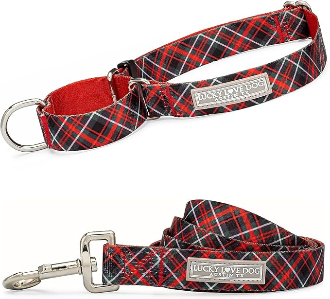 Lucky Love Dog, Evergreen No Slip Dog Collar and Leash Set, Vivid Berry Plaid Martingale Dog Collar for Boy and Girl Dogs - (Large, Heywood Martingale - Combo)