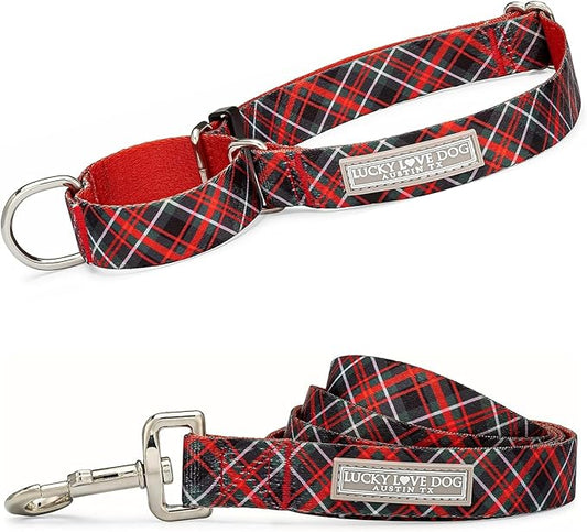 Lucky Love Dog, Evergreen No Slip Dog Collar and Leash Set, Vivid Berry Plaid Martingale Dog Collar for Boy and Girl Dogs - (Large, Heywood Martingale - Combo)