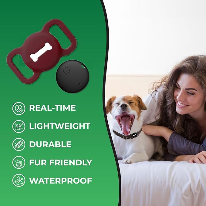 Smart Pet Tracker, Dog Tracker with Black Collar Holder, Smart Tag for Seamless Location Tracking, No Monthly Fee, MFi Certificated, Work with Find My, No GPS Tracker, iOS Only (Wine Red)