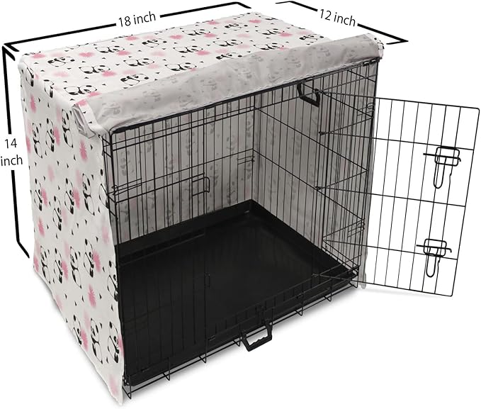 Lunarable Panda Dog Crate Cover, Cartoon Style Bear Drawings Pinkish Foliage Leaves Chinese, Easy to Use Pet Kennel Cover for Small Dogs Puppies Kittens, 18 Inch, Pale Pink Rose Black