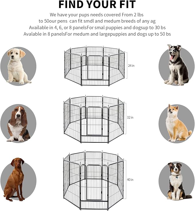 Dog Playpen,32/40/45 Inch Height in Heavy Duty, Folding Indoor Outdoor Anti-Rust Dog Exercise Fence, Portable Pet Playpen with Door for Large Medium Small Dogs and Pet (8 Panels, 32 Inch) Silver