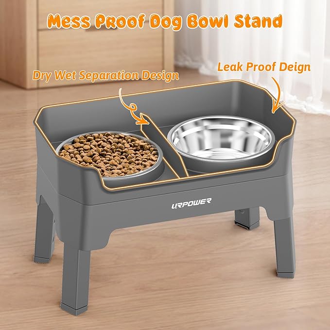 URPOWER 3-in-1 Elevated Dog Bowls - Mess Proof Double Deck 4 Height Adjustable Raised Stand with 2 Stainless Steel Food Bowls & Licking Plate for Small, Medium & Large Dogs