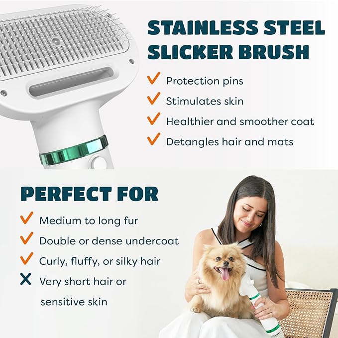 Pet Hair Dryer for Small-Sized Dogs and Cats | 2-in-1 Dog Hair Dryer with Self Cleaning Slicker Brush | Dog Blow Dryer | 300 Watts, Overheat Protection, Portable, Adjustable Temperature