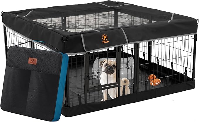 PJYuCien Dog Playpen Outdoor Plus Storage Bag，24" H 8 Panels Puppy Pen with Square Bottom & Top Cover,Heavy Duty Dog Fence for Camping