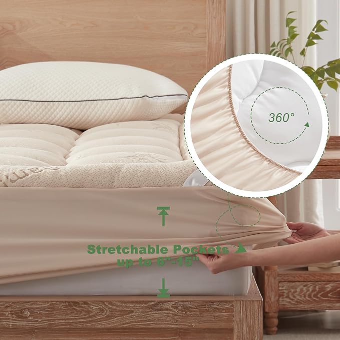 BEDLORE Full Size Mattress Topper Viscose Derived from Bamboo, Thick Pillow Top Mattress Pad with Stretchable Pockets for 6"-15" Mattress, Breathable Mattress Topper for Back Pain Relief(Beige)