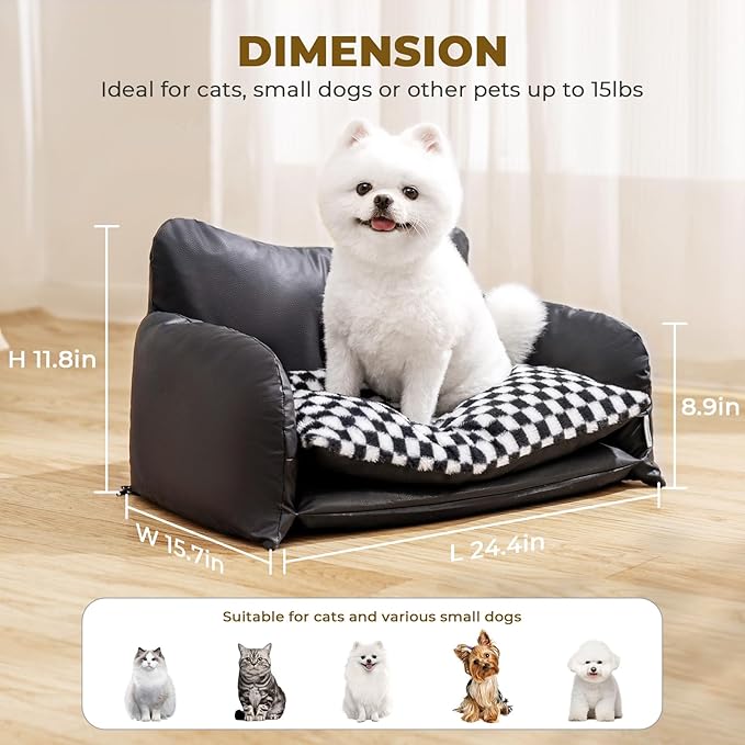 BurgeonNest Cat Couch Bed & Dog Sofa Bed for Small Dogs & Cats up to 15lbs, Double Layer Cushion Extra Comfort, Leather & Plush Material Scatch-Resistant, Waterproof, Black