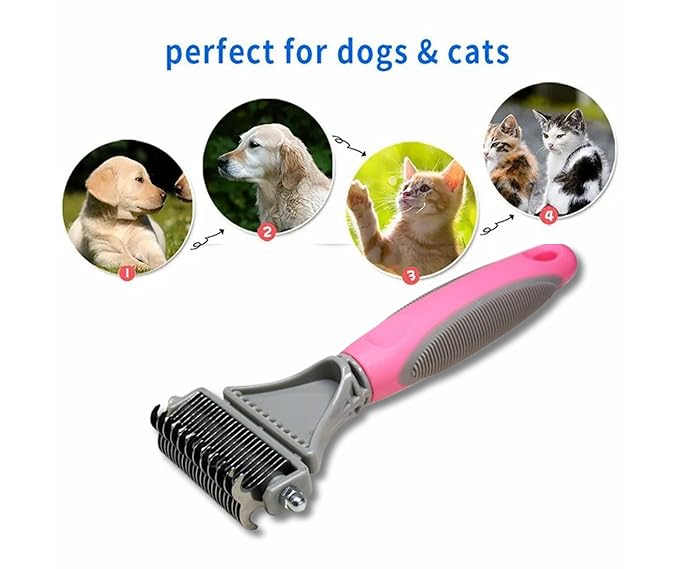 3-in-1 Pet Grooming Set - Self-Cleaning Slicker Brush, Deshedding Rake Comb, and Finger Toothbrush for Dogs & Cats | Perfect for Grooming, Dematting, and Dental Care (pink)