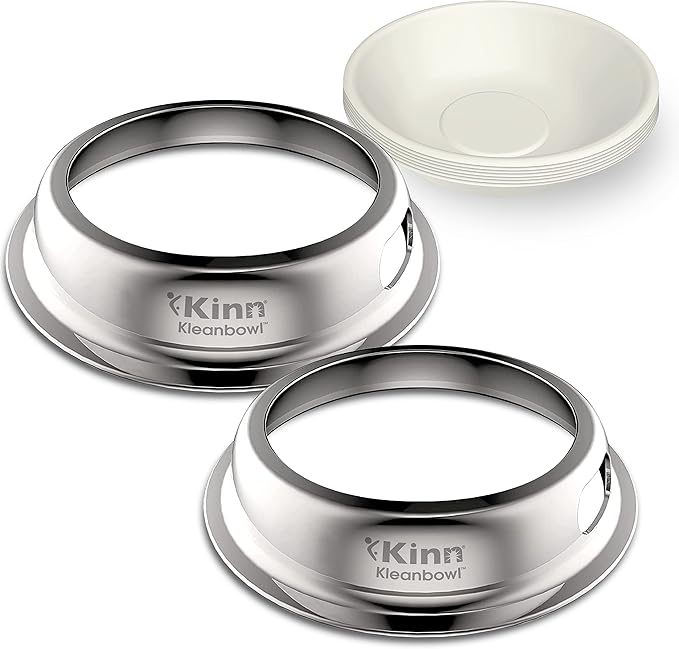 Kinn Kleanbowl Pet Bowl Stainless Steel Frame with Compostable Refills, 24 oz (Pack of 2) – Spill-Proof Stable Disposable Pet Bowls for Easy Cleaning and Healthy Pets, No Plastic
