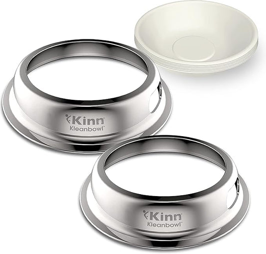 Kinn Kleanbowl Pet Bowl Stainless Steel Frame with Compostable Refills, 24 oz (Pack of 2) – Spill-Proof Stable Disposable Pet Bowls for Easy Cleaning and Healthy Pets, No Plastic
