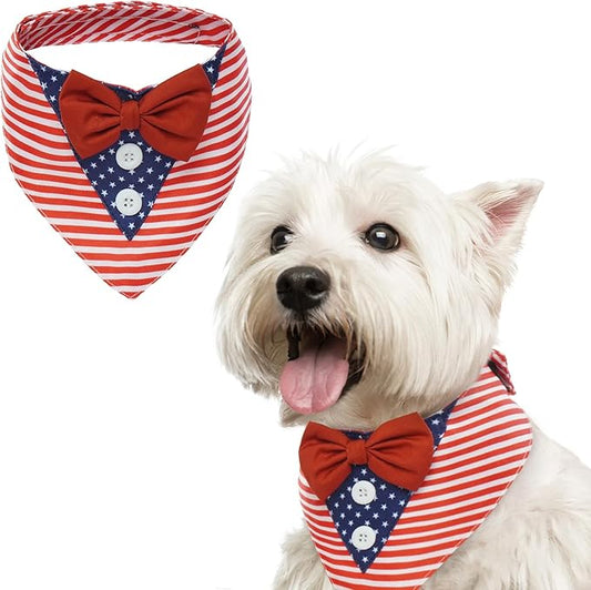 FUAMEY Independence Day Dog Scarfs 4th of July American Flag Dog Tuxedo Triangle Bibs with Bow Tie XS