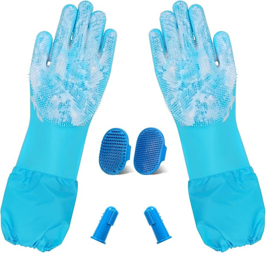 6PCS Pet Grooming Set - Lengthen Dog Washing Gloves, Dog Bath Brush, Dog Toothbrush Finger, Dog Shampoo Brush, Silicone Pet Bathing Gloves for Gentle Cleaning, Massaging, Shedding (Blue Grooming Set)