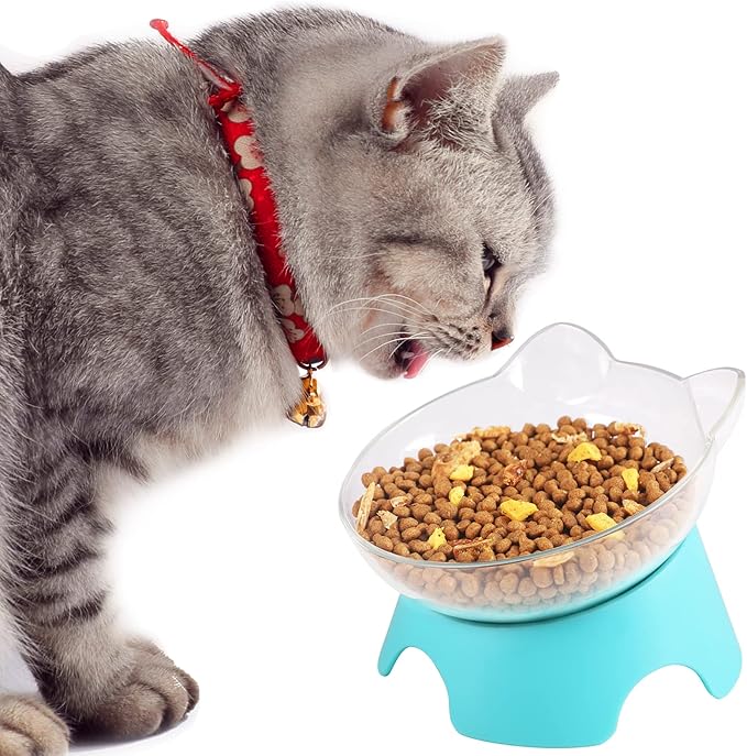 MILIFUN Raised Cat Food Bowls with Stand, Dishes for Food or Water, Tilted Bowl, Pet Dish with Stand (Arcuation-Bule)